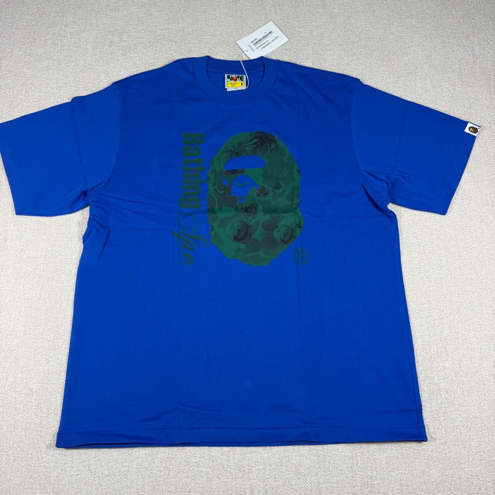 A Bathing Ape Mens Blue Rose Floral Big Ape Head Logo Tee Mens Relaxed Fit Sz S